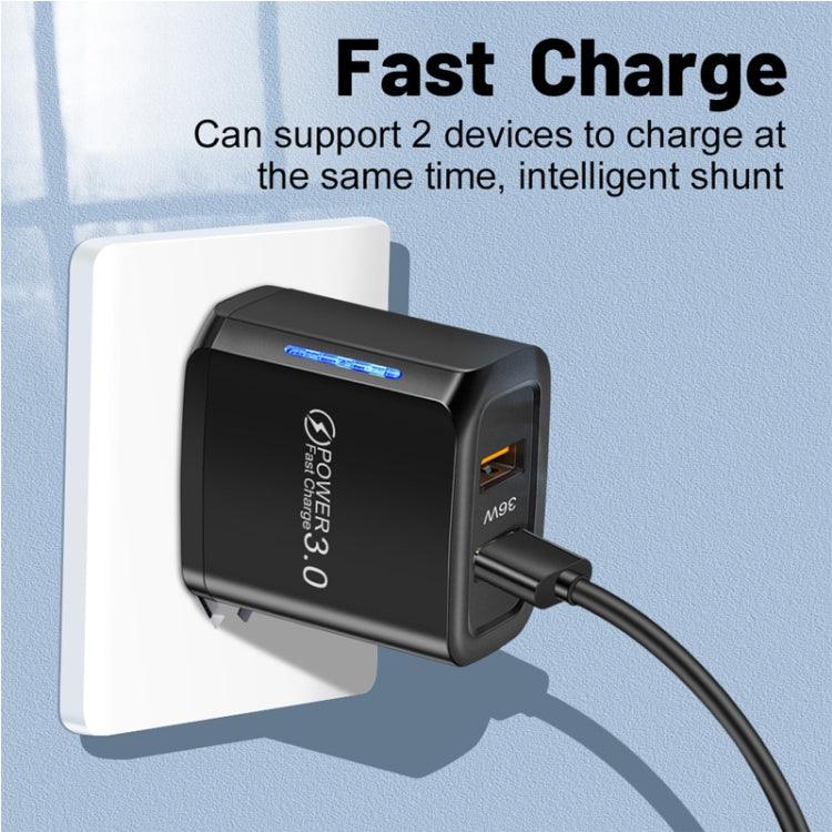 36W Dual Port QC3.0 USB Mobile Phone Charger Dual 18W Output, EU Plug, EU Plug