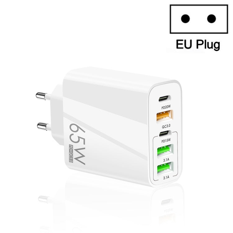 65W Dual PD Type-C + 3 x USB Multi Port Charger for Phone and Tablet PC, EU Plug, EU Plug