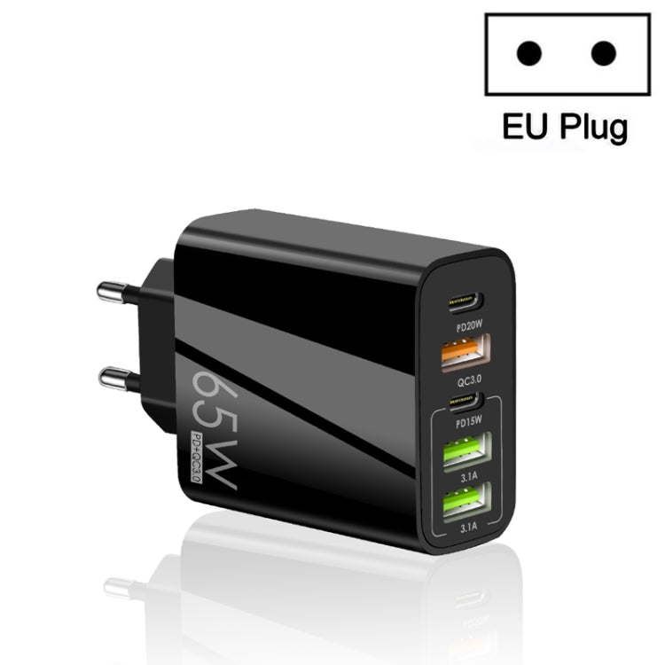65W Dual PD Type-C + 3 x USB Multi Port Charger for Phone and Tablet PC, EU Plug, EU Plug