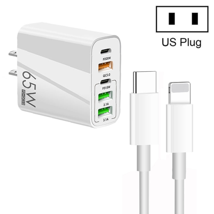 65W Dual PD Type-C + 3 x USB Multi Port Charger with 3A Type-C to 8 Pin Data Cable, US Plug, US Plug + Type-C to 8 Pin Cable