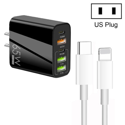 65W Dual PD Type-C + 3 x USB Multi Port Charger with 3A Type-C to 8 Pin Data Cable, US Plug, US Plug + Type-C to 8 Pin Cable