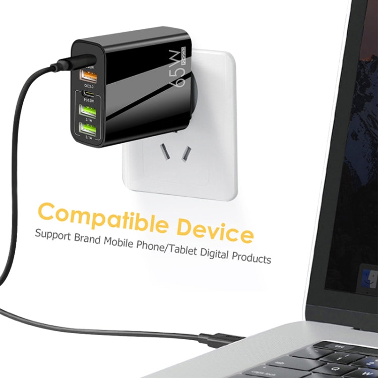 65W Dual PD Type-C + 3 x USB Multi Port Charger with 3A Type-C to 8 Pin Data Cable, US Plug, US Plug + Type-C to 8 Pin Cable