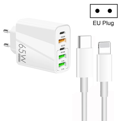 65W Dual PD Type-C + 3 x USB Multi Port Charger with 3A Type-C to 8 Pin Data Cable, EU Plug, EU Plug + Type-C to 8 Pin Cable