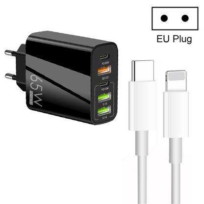 65W Dual PD Type-C + 3 x USB Multi Port Charger with 3A Type-C to 8 Pin Data Cable, EU Plug, EU Plug + Type-C to 8 Pin Cable