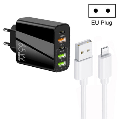 65W Dual PD Type-C + 3 x USB Multi Port Charger with 3A USB to 8 Pin Data Cable, EU Plug, EU Plug + USB to 8 Pin Cable