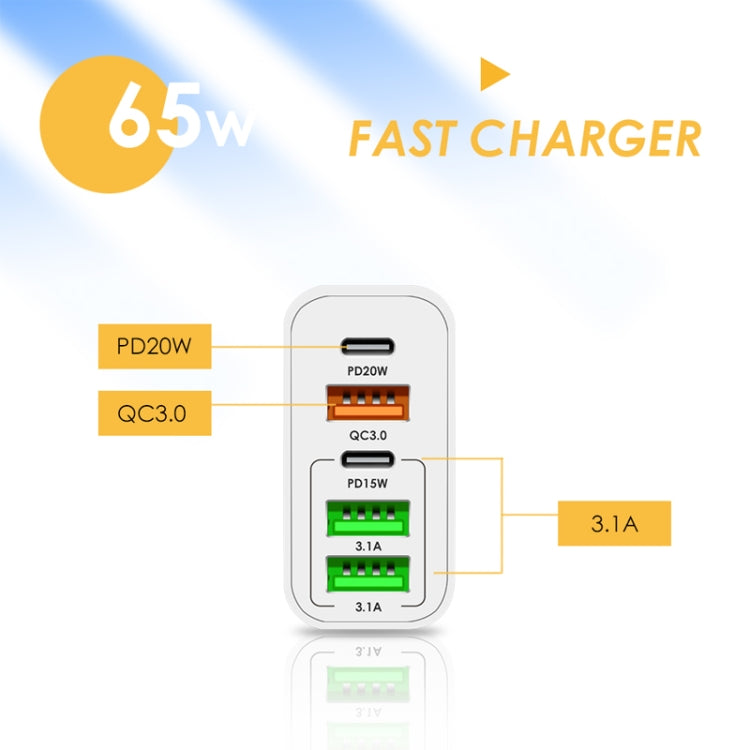65W Dual PD Type-C + 3 x USB Multi Port Charger with 3A USB to 8 Pin Data Cable, EU Plug, EU Plug + USB to 8 Pin Cable