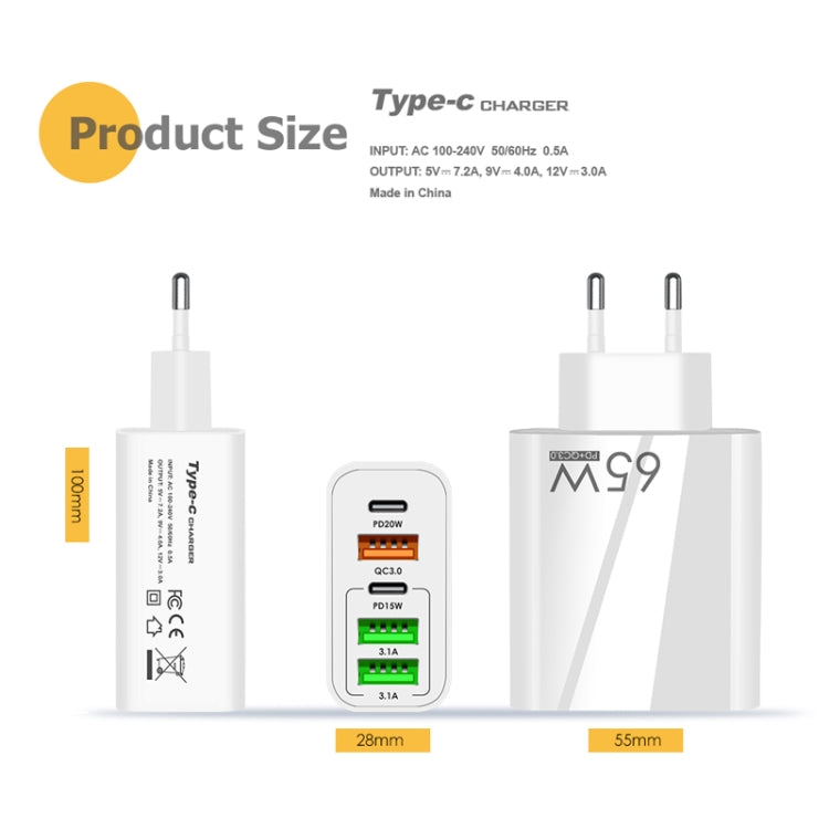 65W Dual PD Type-C + 3 x USB Multi Port Charger with 3A USB to 8 Pin Data Cable, EU Plug, EU Plug + USB to 8 Pin Cable
