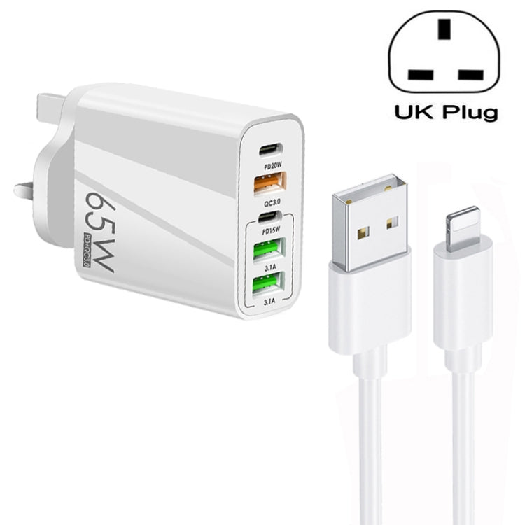 65W Dual PD Type-C + 3 x USB Multi Port Charger with 3A USB to 8 Pin Data Cable, UK Plug, UK Plug + USB to 8 Pin Cable