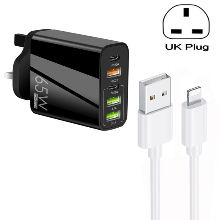 65W Dual PD Type-C + 3 x USB Multi Port Charger with 3A USB to 8 Pin Data Cable, UK Plug, UK Plug + USB to 8 Pin Cable