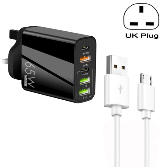 65W Dual PD Type-C + 3 x USB Multi Port Charger with 3A USB to Micro USB Data Cable, UK Plug, UK Plug + USB to Micro USB Cable