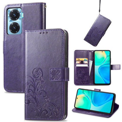 Four-leaf Clasp Embossed Buckle Leather Phone Case, For OPPO A77, For Realme C30, For vivo Y77 (China)