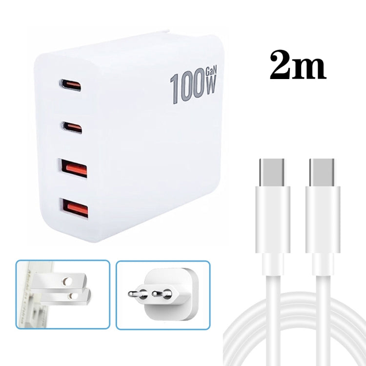Chargeur multiprise GaN 100W double USB + double USB-C/Type-C avec câble de données Type-C vers Type-C de 2m, prise US, prise US/EU, prise US/UK, prise US/AU, prise US/EU/UK, prise US/EU/UK/AU