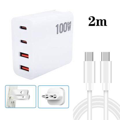 Chargeur multiprise GaN 100W double USB + double USB-C/Type-C avec câble de données Type-C vers Type-C de 2m, prise US, prise US/EU, prise US/UK, prise US/AU, prise US/EU/UK, prise US/EU/UK/AU