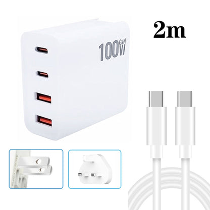 Chargeur multiprise GaN 100W double USB + double USB-C/Type-C avec câble de données Type-C vers Type-C de 2m, prise US, prise US/EU, prise US/UK, prise US/AU, prise US/EU/UK, prise US/EU/UK/AU