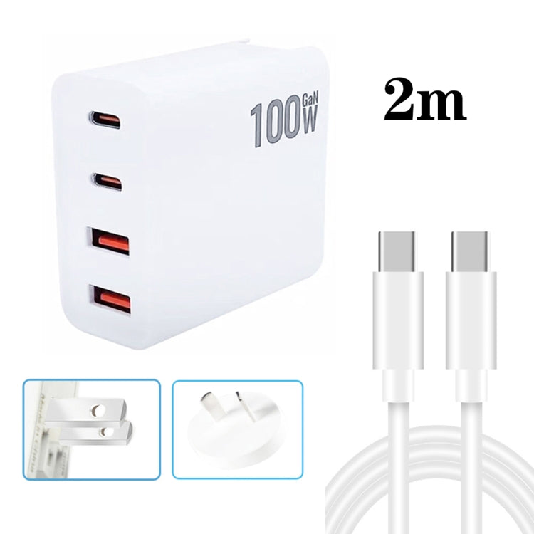 Chargeur multiprise GaN 100W double USB + double USB-C/Type-C avec câble de données Type-C vers Type-C de 2m, prise US, prise US/EU, prise US/UK, prise US/AU, prise US/EU/UK, prise US/EU/UK/AU