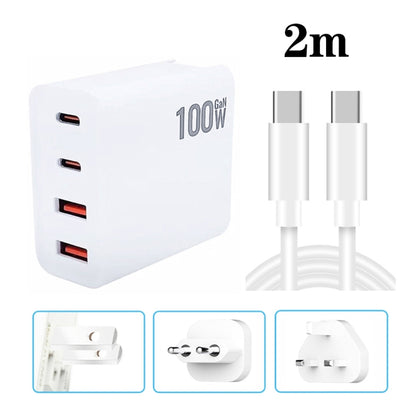 Chargeur multiprise GaN 100W double USB + double USB-C/Type-C avec câble de données Type-C vers Type-C de 2m, prise US, prise US/EU, prise US/UK, prise US/AU, prise US/EU/UK, prise US/EU/UK/AU