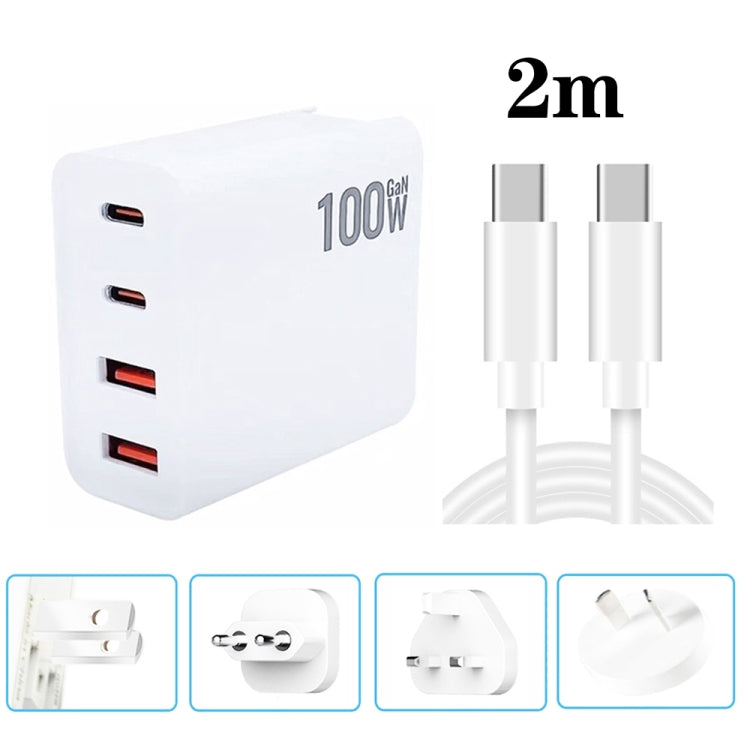 Chargeur multiprise GaN 100W double USB + double USB-C/Type-C avec câble de données Type-C vers Type-C de 2m, prise US, prise US/EU, prise US/UK, prise US/AU, prise US/EU/UK, prise US/EU/UK/AU