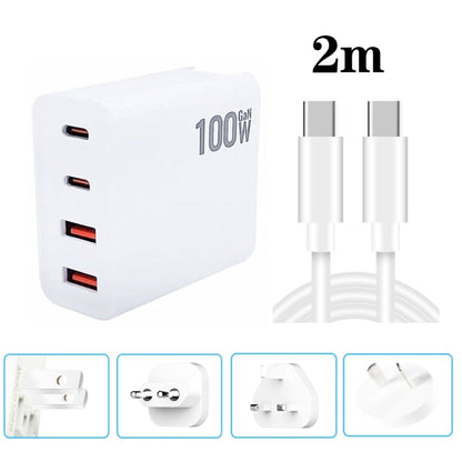 Chargeur multiprise GaN 100W double USB + double USB-C/Type-C avec câble de données Type-C vers Type-C de 2m, prise US, prise US/EU, prise US/UK, prise US/AU, prise US/EU/UK, prise US/EU/UK/AU