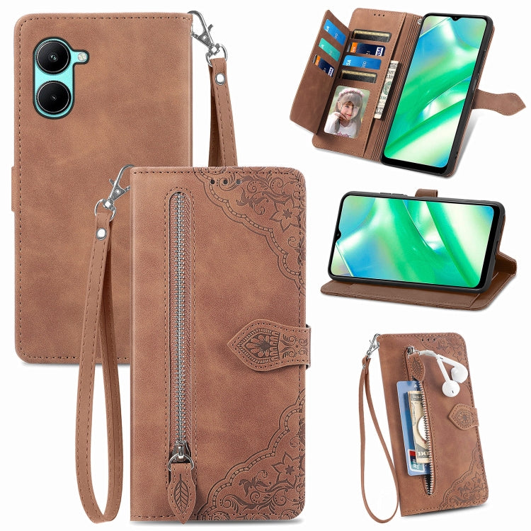For Realme C33 Embossed Flower Zipper Leather Phone Case, For Realme C33