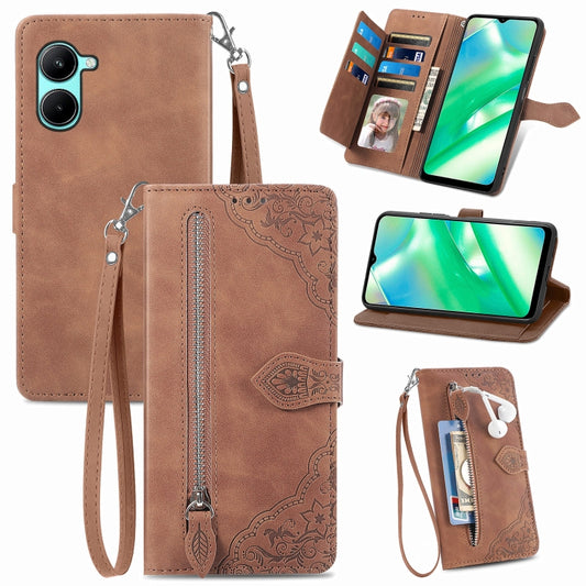 For Realme C33 Embossed Flower Zipper Leather Phone Case, For Realme C33