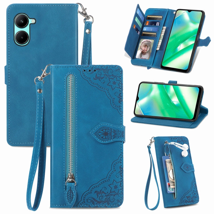 For Realme C33 Embossed Flower Zipper Leather Phone Case, For Realme C33