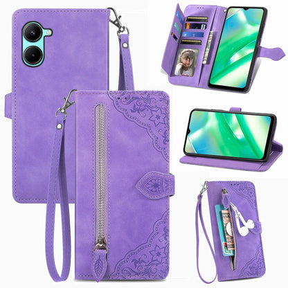 For Realme C33 Embossed Flower Zipper Leather Phone Case, For Realme C33