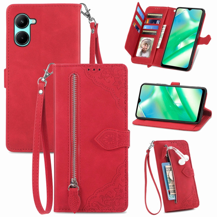 For Realme C33 Embossed Flower Zipper Leather Phone Case, For Realme C33