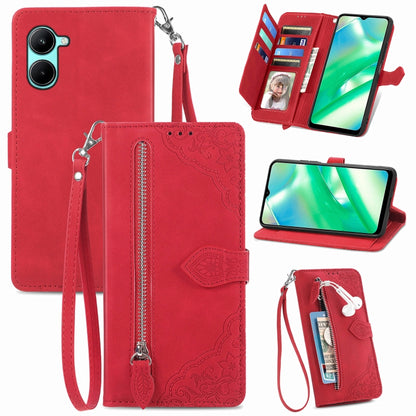 For Realme C33 Embossed Flower Zipper Leather Phone Case, For Realme C33