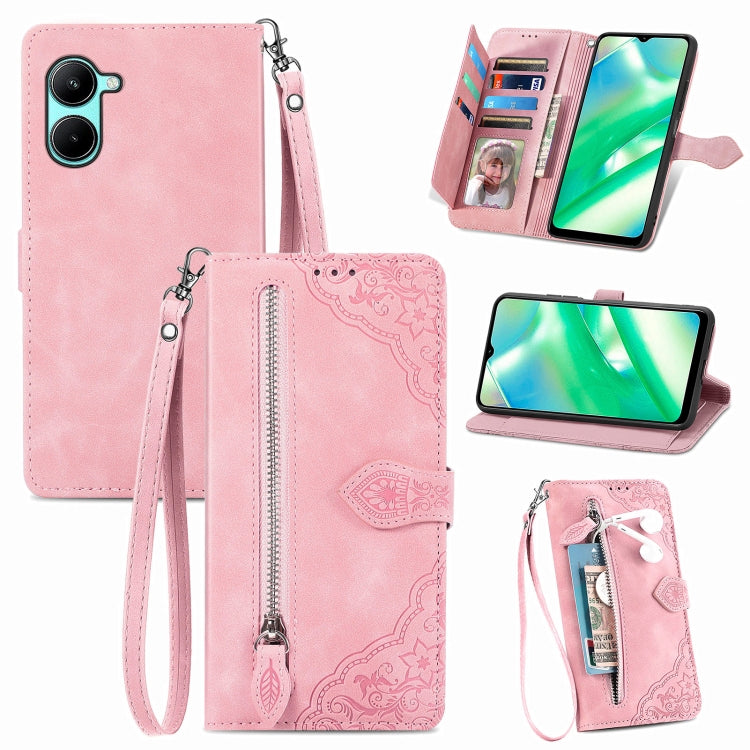 For Realme C33 Embossed Flower Zipper Leather Phone Case, For Realme C33