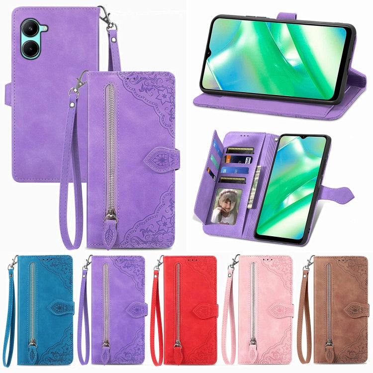 For Realme C33 Embossed Flower Zipper Leather Phone Case, For Realme C33
