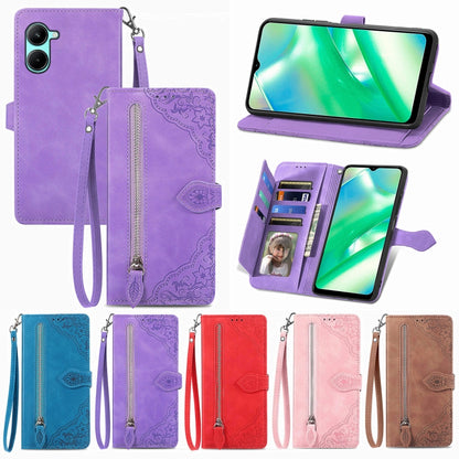 For Realme C33 Embossed Flower Zipper Leather Phone Case, For Realme C33