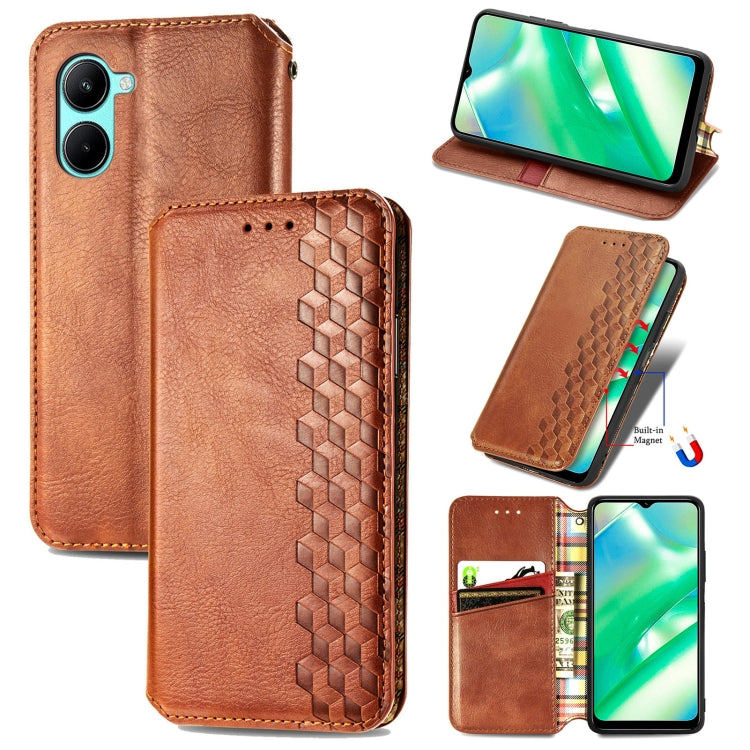For OPPO Realme C33 Cubic Grid Pressed Magnetic Leather Phone Case, For Realme C33
