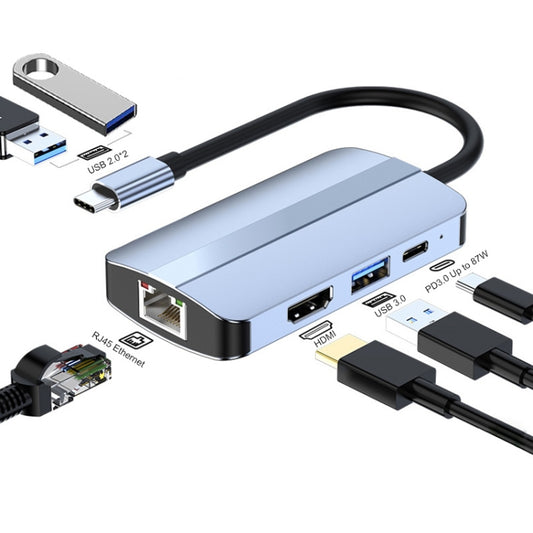 JUNSUNMAY 6 in 1 Type-C to 4K HDMI / Ethernet Docking Station Adapter USB-C Hub Multiport Converter, JSM-HUB003