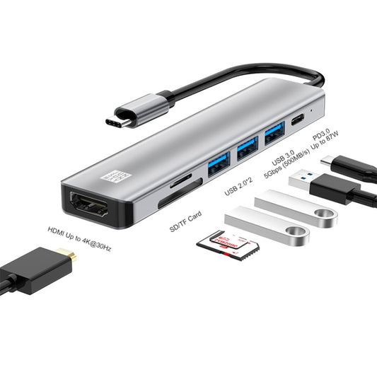 JUNSUNMAY 7-en-1 Adaptateur de station d'accueil Type-C vers HDMI 4K, hub de charge rapide PD, lecteur de carte SD/TF, JSM-HUB006
