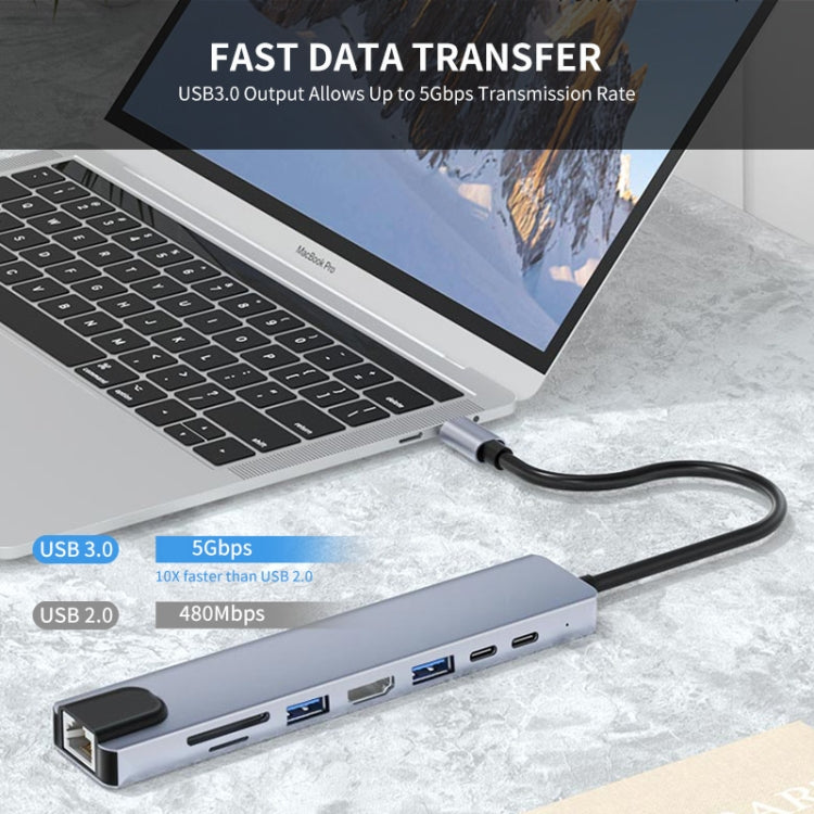 JUNSUNMAY 8 in 1 Type-C to 4K HDMI / Ethernet Docking Station Adapter PD Quick Charge Hub SD/TF Card Reader, JSM-HUB008