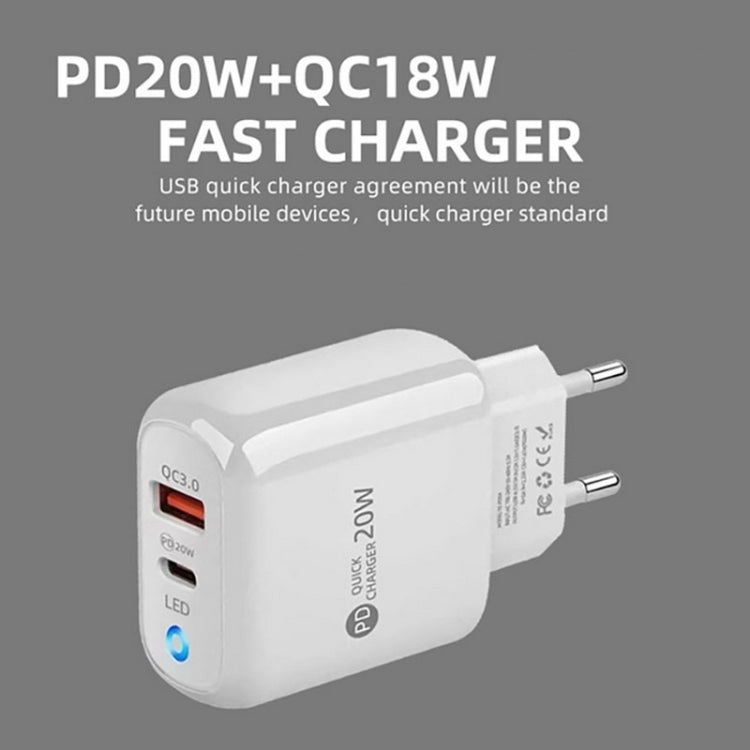 PD04 PD20W + QC18W Mobile Phone Charger with LED Indicator, EU Plug, EU Plug