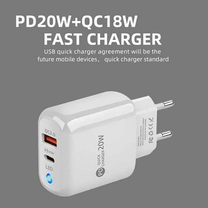 PD04 PD20W + QC18W Mobile Phone Charger with LED Indicator, EU Plug, EU Plug