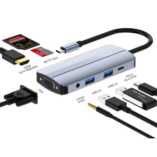 JUNSUNMAY Concentrateur multifonction USB-C 8 en 1 vers HDMI 4K + VGA avec adaptateur de station d'accueil à chargement rapide PD, JSM-HUB013