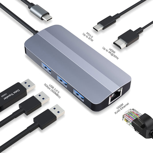JUNSUNMAY Adaptateur Hub Station d'Accueil Type-C 6 en 1 vers HDMI 4K + Ethernet RJ45 1000M