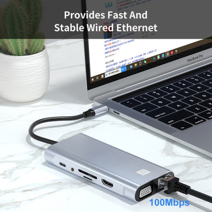JUNSUNMAY 11 in 1 Type-C to 4K HDMI + VGA +RJ45 Docking Station Adapter PD Quick Charge Hub, JSM-HUB019