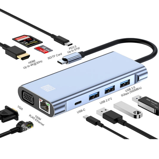 JUNSUNMAY Adaptateur de station d'accueil 10 en 1 Type-C vers HDMI 4K + VGA + RJ45 + Audio 3,5 mm avec concentrateur de charge rapide PD et lecteur de carte SD/TF
