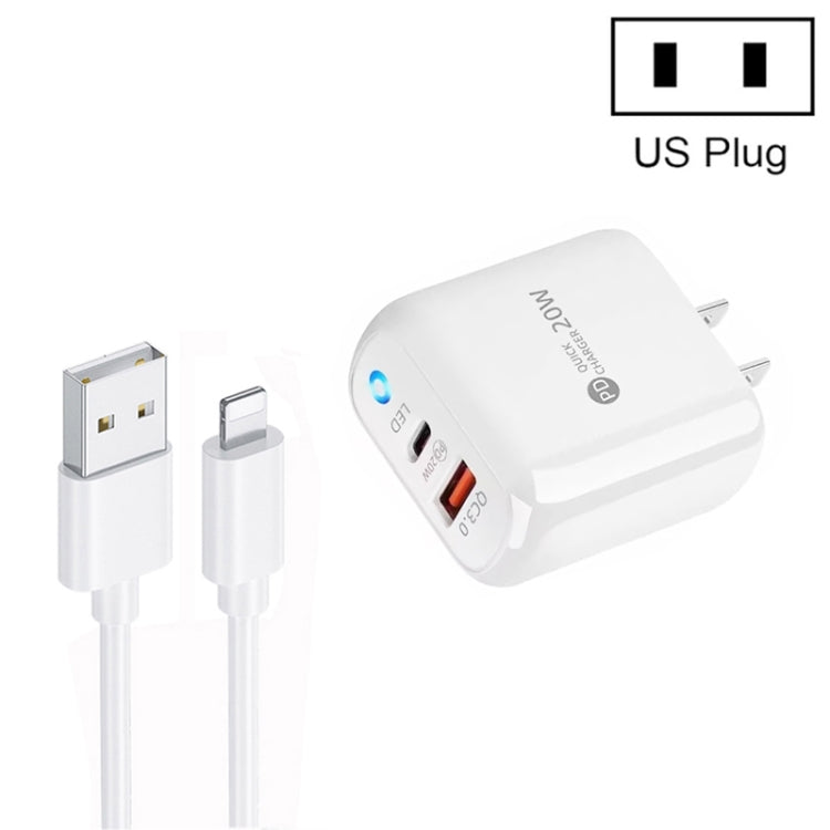 PD04 Type-C + USB Mobile Phone Charger with USB to 8 Pin Cable, US Plug, US Plug + USB to 8 Pin Cable