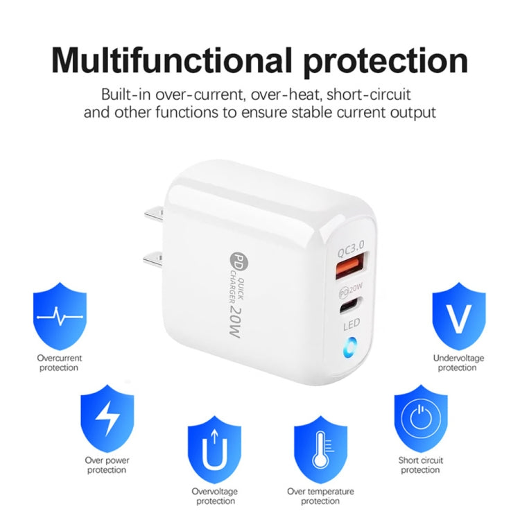 PD04 Type-C + USB Mobile Phone Charger with Type-C to 8 Pin Cable, US Plug, US Plug + Type-C to 8 Pin Cable
