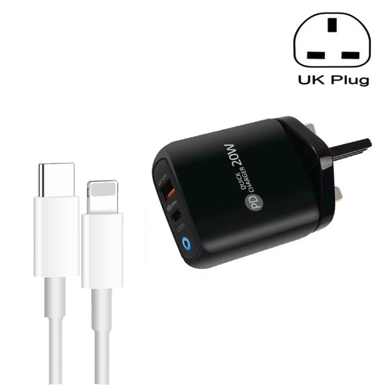 PD04 Type-C + USB Mobile Phone Charger with Type-C to 8 Pin Cable, UK Plug, UK Plug + Type-C to 8 Pin Cable