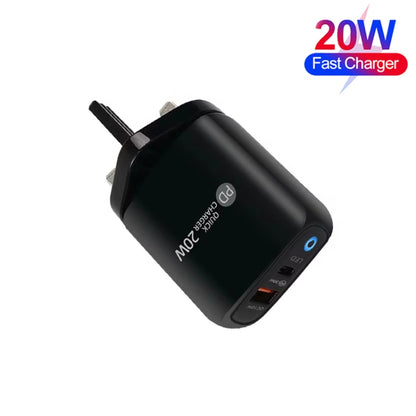 PD04 Type-C + USB Mobile Phone Charger with Type-C to 8 Pin Cable, UK Plug, UK Plug + Type-C to 8 Pin Cable