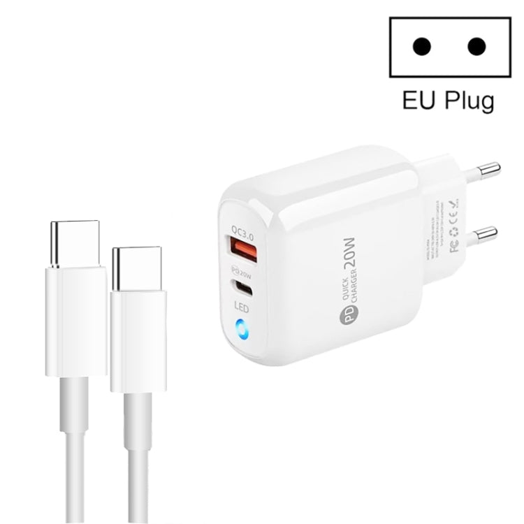 PD04 Type-C + USB Mobile Phone Charger with Type-C to Type-C Cable, EU Plug, EU Plug + Type-C to Type-C Cable