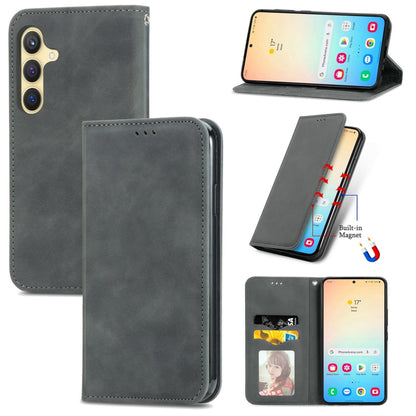 Retro Skin Feel Magnetic Leather Phone Case, For Samsung Galaxy S26+ 5G, For Samsung Galaxy S26 Ultra 5G, For Samsung Galaxy S26 5G, For Samsung Galaxy A57 5G, For Samsung Galaxy A37 5G, For Samsung Galaxy A27 5G, For Samsung Galaxy S25 5G             ...