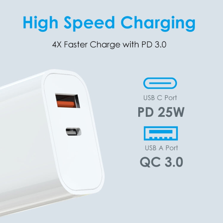 NORTHJO NOPD2502 PD 25W USB-C/Type-C + QC 3.0 USB Dual Ports Fast Charger, US Plug, EU Plug, UK Plug, AU Plug