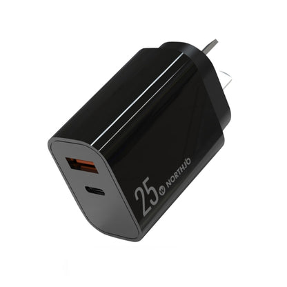 NORTHJO NOPD2502 PD 25W USB-C/Type-C + QC 3.0 USB Dual Ports Fast Charger, US Plug, EU Plug, UK Plug, AU Plug