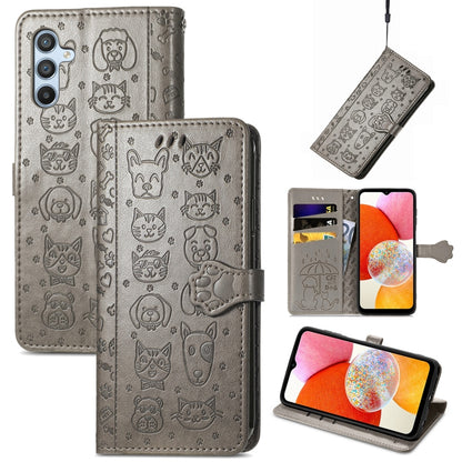 Cat and Dog Embossed Phone Leather Phone Case, For Infinix Note 12 G96, For Kyocera Android One S10, For OnePlus Ace 2, For Realme C55, For Tecno Pova Neo 5G, For vivo S15e, For Samsung Galaxy A14 4G, For Samsung Galaxy A34 5G